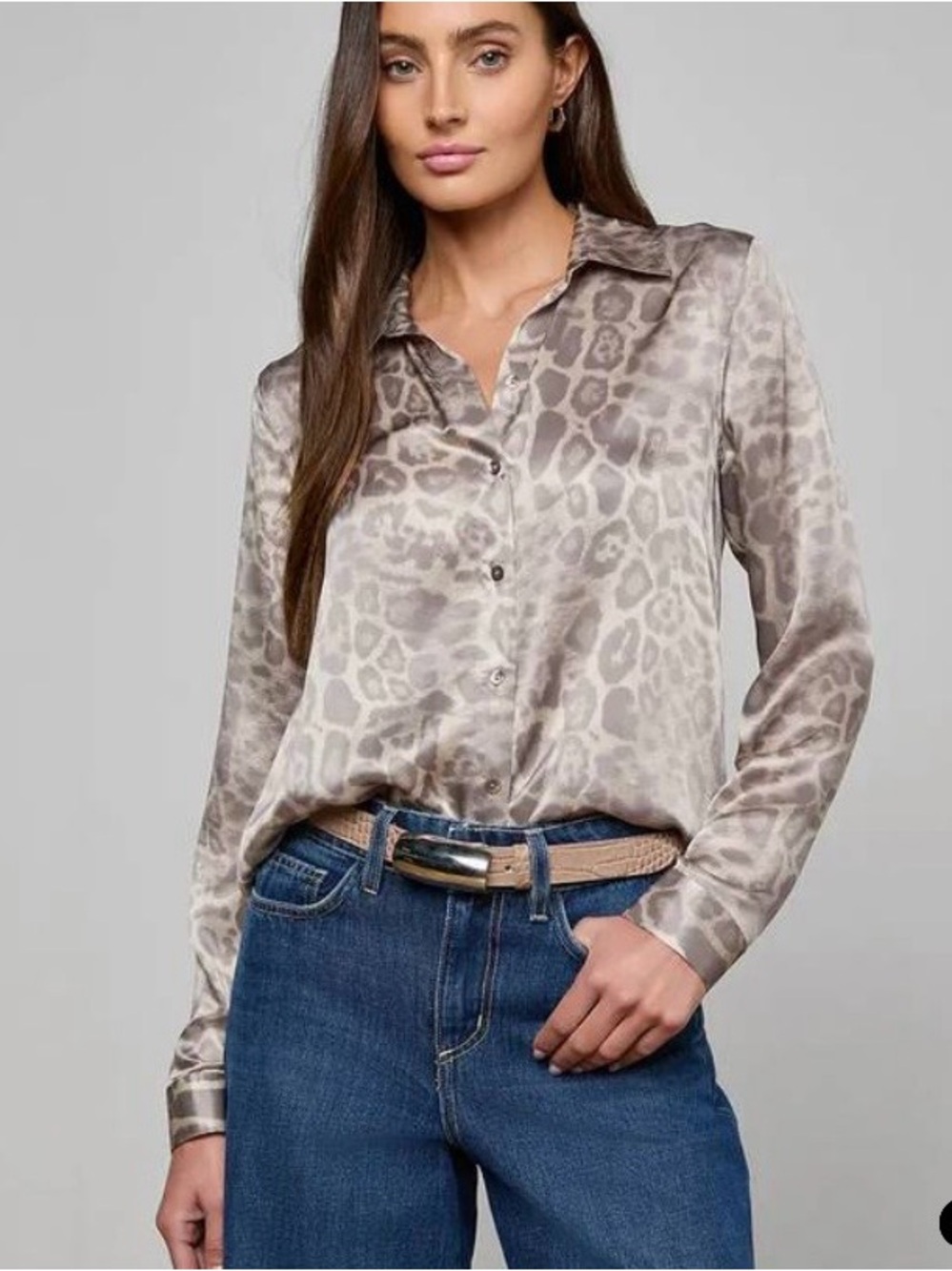 L'AGENCE Taupe Satin Animal-Print Button Down Shirt
